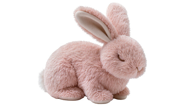 Fluffy pink plush bunny rabbit toy with closed eyes, isolated on transparent background