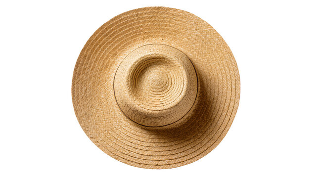 Woven straw sun hat with wide brim, isolated on transparent background