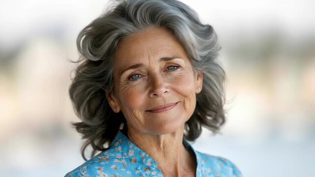 Mature caucasian woman with gray hair smiling in floral shirt outdoors