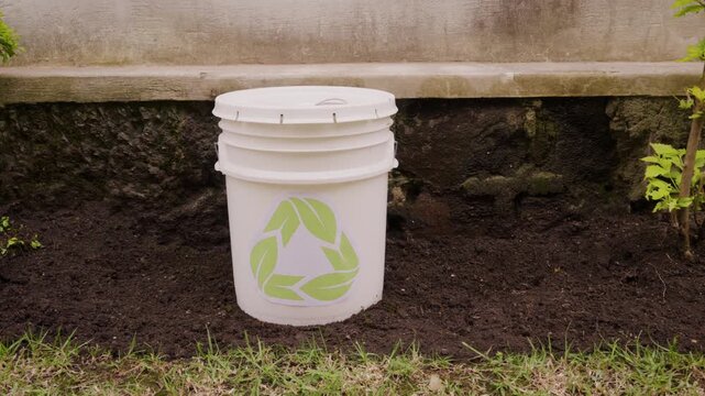White compost bin with recycling symbol in garden