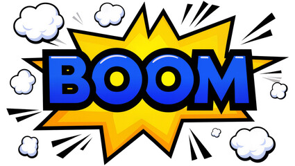 Comic book BOOM text with yellow starburst and clouds, isolated on transparent background © Adrian