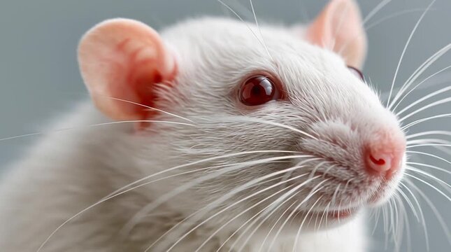 Close up portrait of a white laboratory mouse, scientific research animal, biomedical testing and genetics study concept
