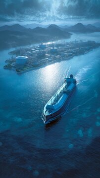 Liquified energy: iconic shot of a tanker's island lair. Neural interface. Subtle changes in light and position: lng tanker and gas island. Cybernetic identity. Human machine.