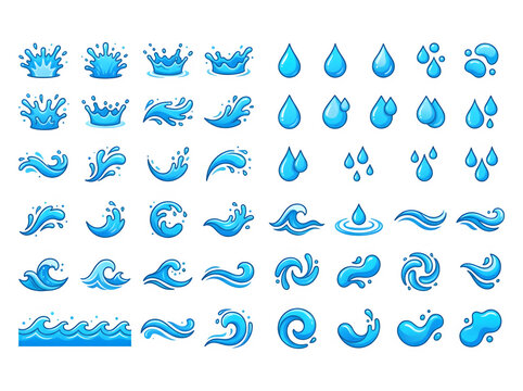 Collection of blue water droplets and waves isolated on transparent background