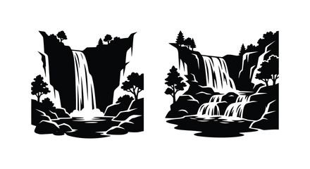 Waterfall landscape with trees and rocks black and white silhouette waterfalls cascade cascades river stream © Mithon