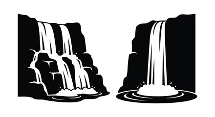 Two waterfall silhouettes against a white background a graphic illustration style waterfalls cascade water cascades © Mithon