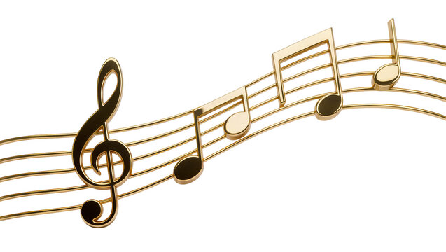 Golden treble clef and musical notes on staff, isolated on transparent background