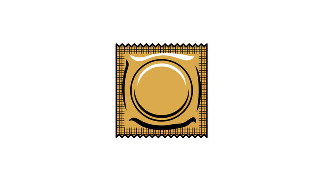 Single flat vector illustration showing a gold colored square condom wrapper package with bold black outlines and a clean minimalist aesthetic design isolated on a plain solid white studio background