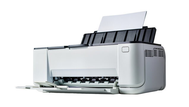 White inkjet printer with paper in feeder, isolated on transparent background