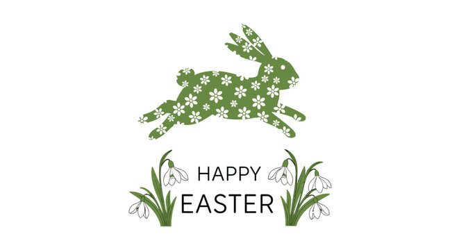 Vibrant green Easter bunny silhouette adorned with a delicate flower pattern, leaping above "Happy Easter" text and snowdrop flowers.