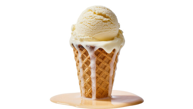 Creamy vanilla ice cream scoop melting down a waffle cone, isolated on transparent background