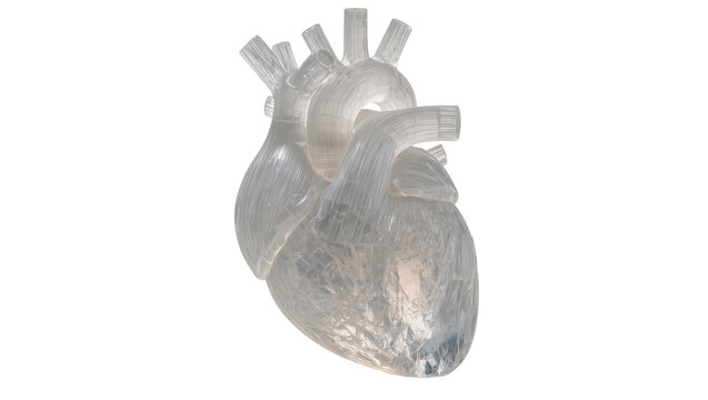 Clear glass anatomical heart model, isolated on transparent background
