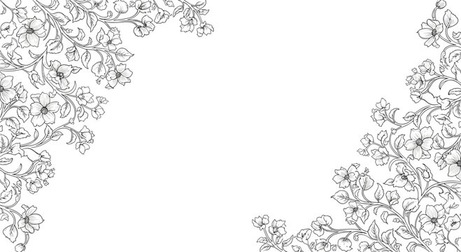 Intricate black and white floral corner patterns, depicting delicate blooming flowers and swirling vines, ideal for elegant design borders.