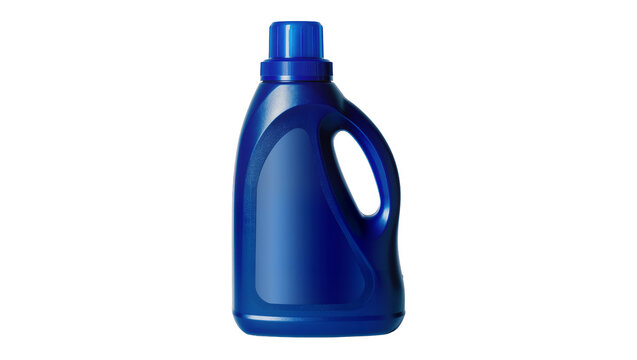 Blue plastic laundry detergent bottle with handle, isolated on transparent background
