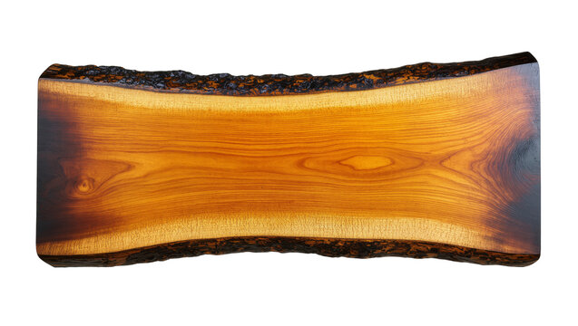 Natural live edge wooden slab with rough bark edge, isolated on transparent background