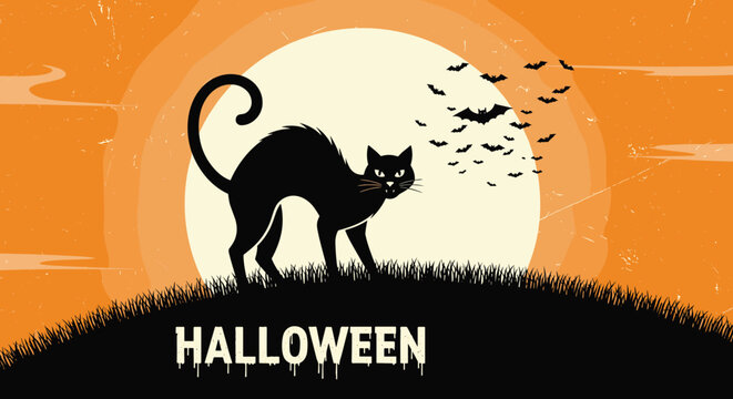 Spooky Halloween design with a black cat arching its back, bats flying against an orange full moon, and "Halloween" text.