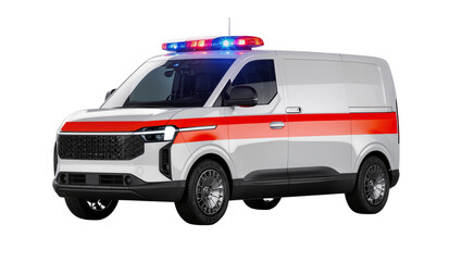Modern white ambulance van with red stripe and flashing lights, isolated on transparent background © Adrian