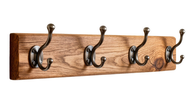 Rustic wooden coat rack with five antique bronze hooks, isolated on transparent background