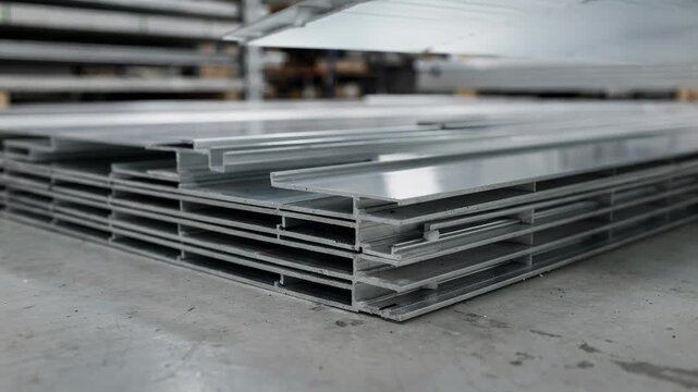 Industrial setting with aluminum door threshold extrusions stacked neatly emphasizing their lowprofile shape and suitability for weatherresistant door installations.