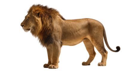 Majestic male lion with full mane standing alert, isolated on transparent background © Adrian