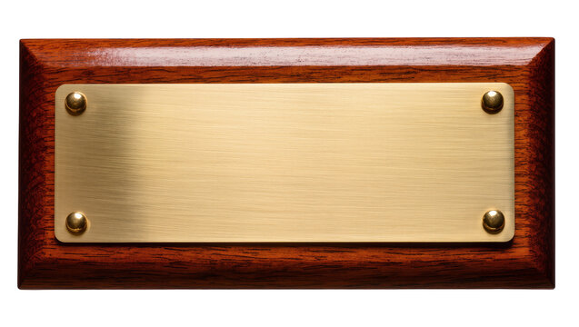 Rectangular polished brass plate with rounded corners secured by four brass rivets on a polished mahogany wood frame, isolated on transparent background