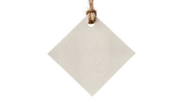 Blank diamond shaped paper tag with rough twine string, isolated on transparent background