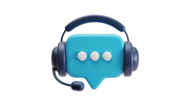 Blue chat bubble with headphones and microphone, isolated on transparent background