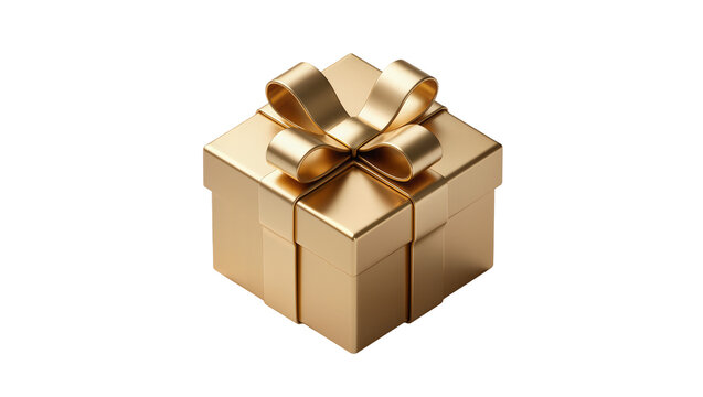 Shiny golden gift box with ribbon bow, isolated on transparent background