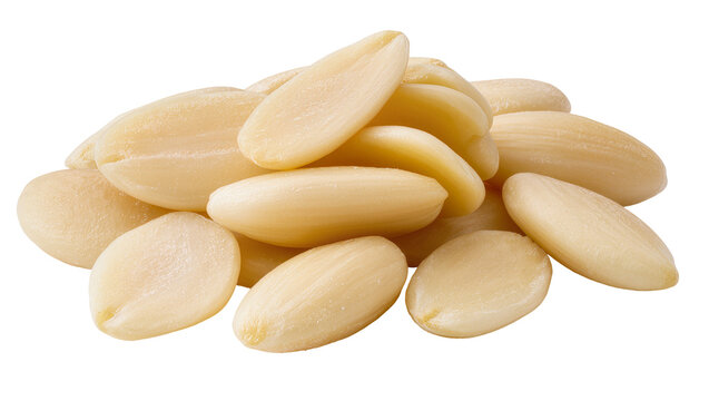 Pile of blanched almonds smooth texture, isolated on transparent background