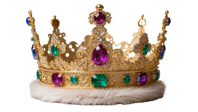 Ornate golden crown with purple and green jewels, isolated on transparent background