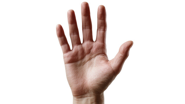 Human hand showing five fingers, isolated on transparent background