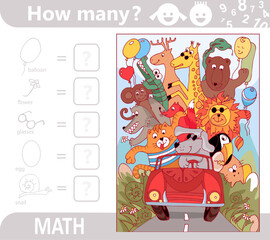 Fototapeta premium Find and count hidden objects in the picture. Animal ride by car. Vacation. Printable education worksheet. Counting math game for kids. Sketch vector illustration.