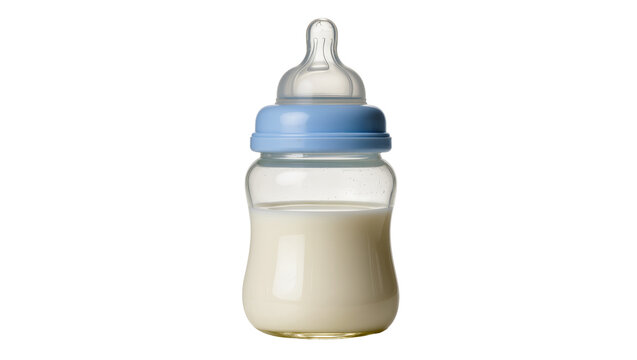 Glass baby bottle with blue cap and nipple filled with milk, isolated on transparent background