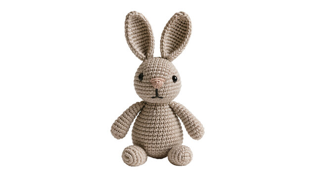 Crocheted beige bunny toy with pink nose, isolated on transparent background