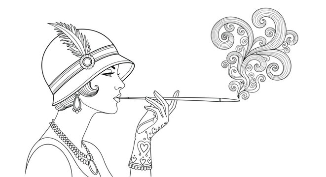 Glamorous black and white line drawing of a 1920s flapper woman in a cloche hat and pearls, smoking with a long cigarette holder and decorative smoke.