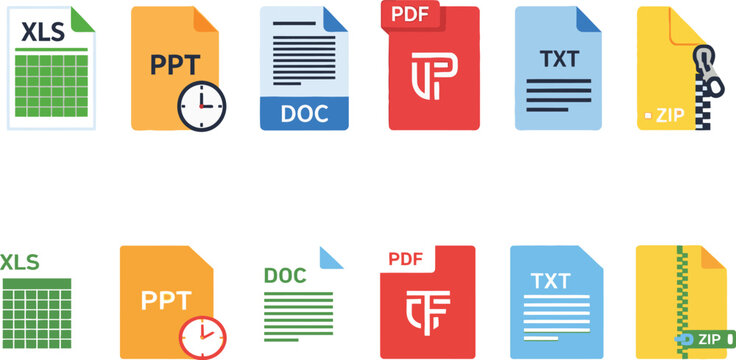 Set of various office file format document icons with document business computer collection management software application graphics interface extension spreadsheet presentation compressed
