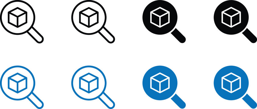 Search icon set isometric cube within magnifying glass