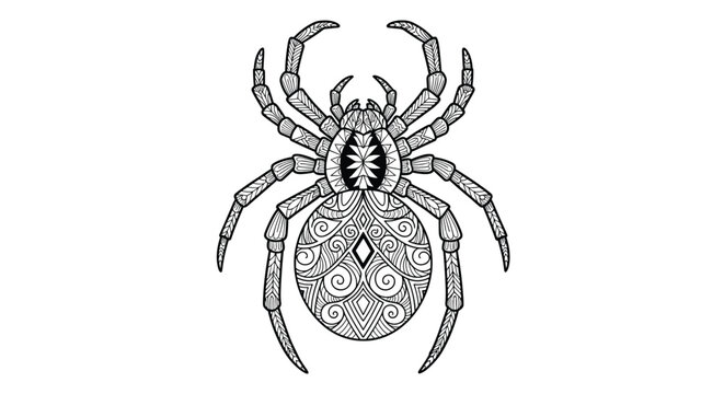 An intricately detailed mandala-style line art illustration of a spider, showcasing complex patterns and elaborate designs, perfect for adult coloring.