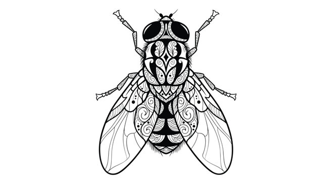 An intricately detailed mandala-style line art illustration of a housefly, showcasing complex patterns and elaborate designs, perfect for adult coloring.