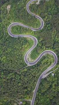 Aerial view of winding asphalt mountain road among green trees in summer. (Domani&ccedil;,İneg&ouml;l dağ yolu)