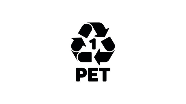 Black plastic recycling symbol with the number one inside a triangle shape and the letters pet underneath isolated on a plain white background used for industrial packaging design and labeling