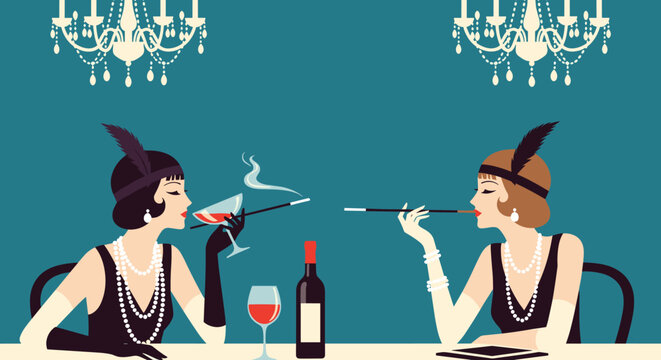 An elegant Art Deco illustration of two glamorous 1920s flapper women seated at a table, enjoying drinks and smoking with stylish long cigarette holders under chandeliers.