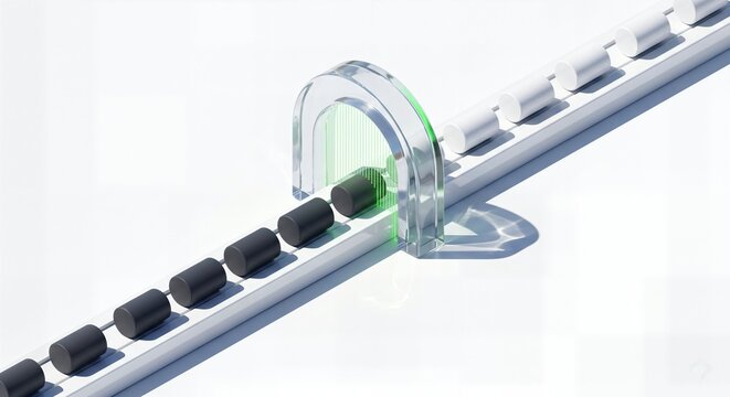 Automated factory conveyor belt passing cylindrical parts through a green laser quality control scanner