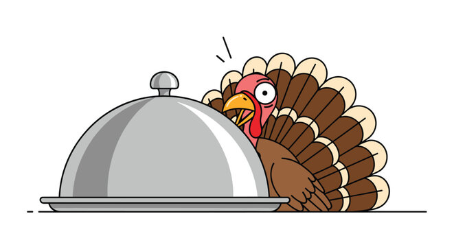 Anxious cartoon turkey with wide eyes peeking from behind a silver food cloche, depicting a humorous and slightly fearful scene.