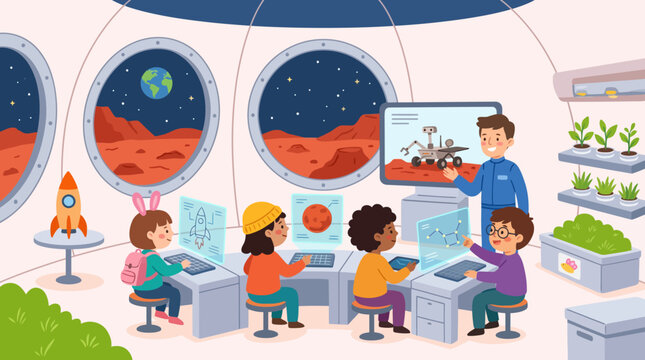 Children engaging in a futuristic space exploration classroom with Mars landscape visible through windows