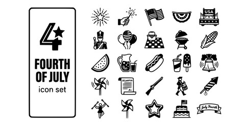 Naklejka premium Fourth of July Independence Day Bold Line Icons-Firework Sparkler Flag Bunting Parade BBQ Balloon Picnic Corn Watermelon Lemonade Hot Dog Popsicle Liberty Bell-25 July 4th Icon Set Vector