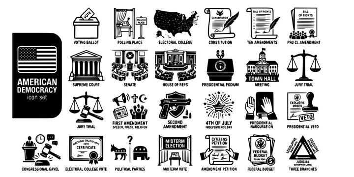 American Democracy Government Bold Line Icons-Ballot Box Polling Electoral Constitution Bill of Rights Supreme Court Senate Presidential Town Hall Jury First Second Amendment-25 Democracy Icon Set Vec