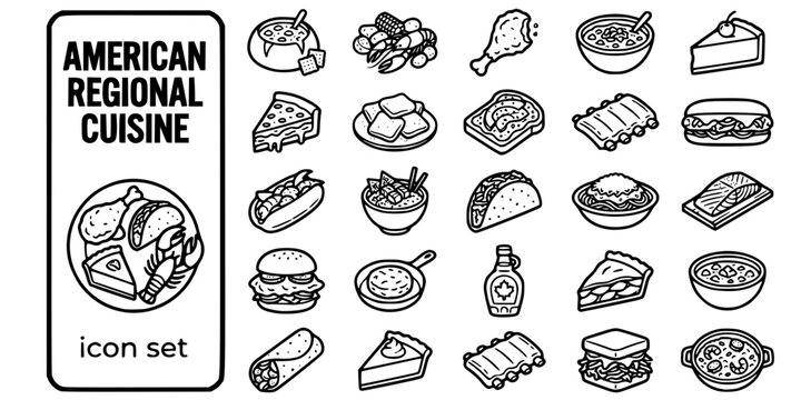 American Regional Cuisine Bold Line Icons-Clam Chowder Crawfish Southern Fried Texas Chili Cheesecake Chicago Deep Dish Beignet Avocado Toast Lobster Roll Poke Bowl-25 Regional Food Icon Set Vector