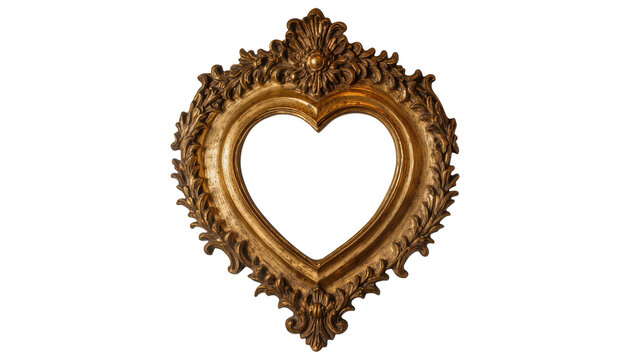 Ornate antique gold heart-shaped picture frame with floral details, isolated on transparent background