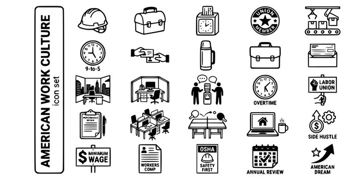 American Work Labor Culture Bold Line Icons-Hard Hat Lunchbox Time Clock Union Badge Factory Office Clock Business Card Thermos Briefcase Paycheck Cubicle Water Cooler-25 Work Culture Icon Set Vector
